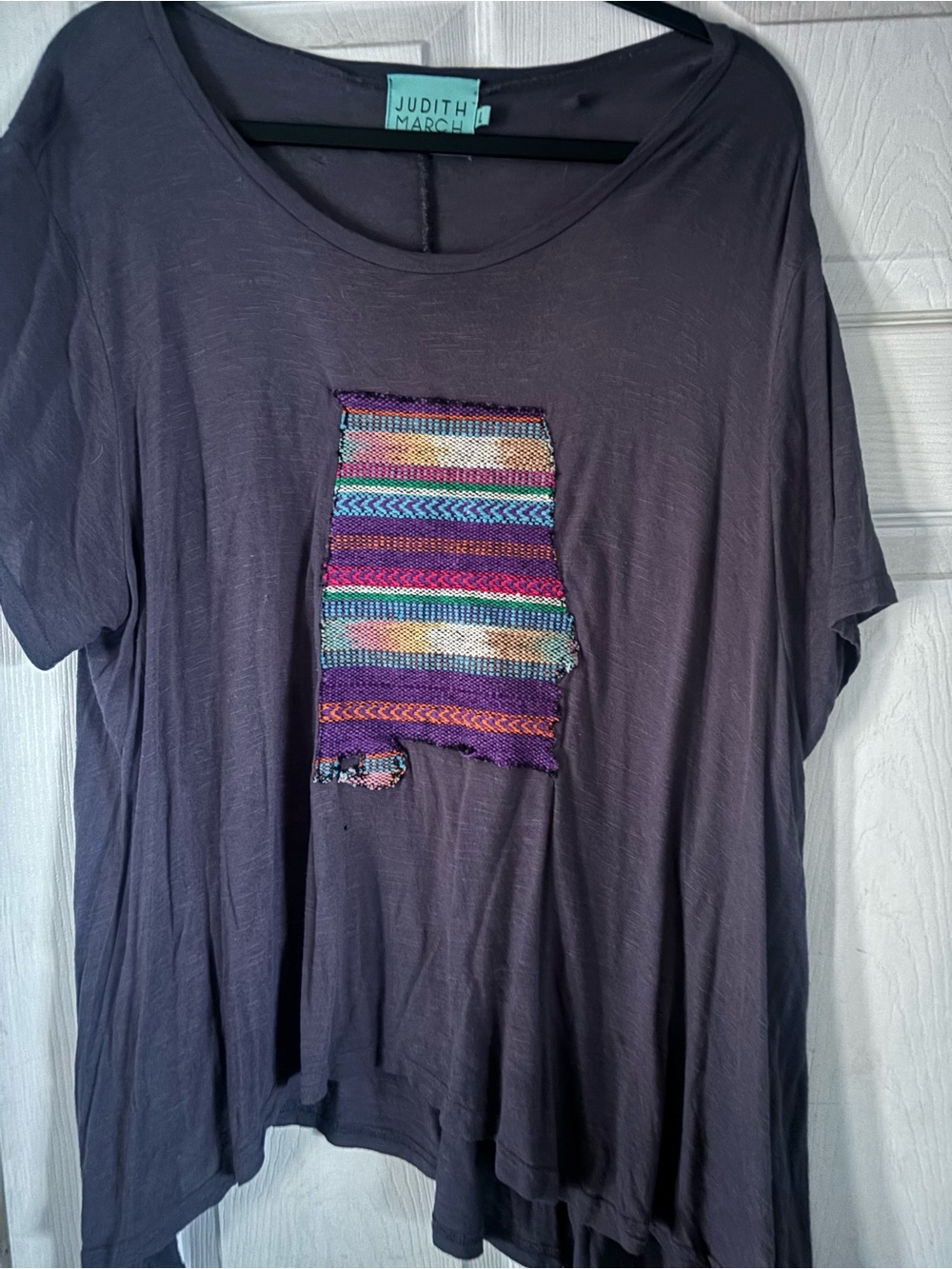 Judith March Purple Short Sleeve Top with Multicolor Woven Alabama Patch